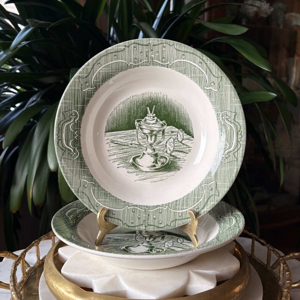 50s Set of 2 Old Curiosity Shop Transferware Royal USA Lantern Rimmed Soup Bowls